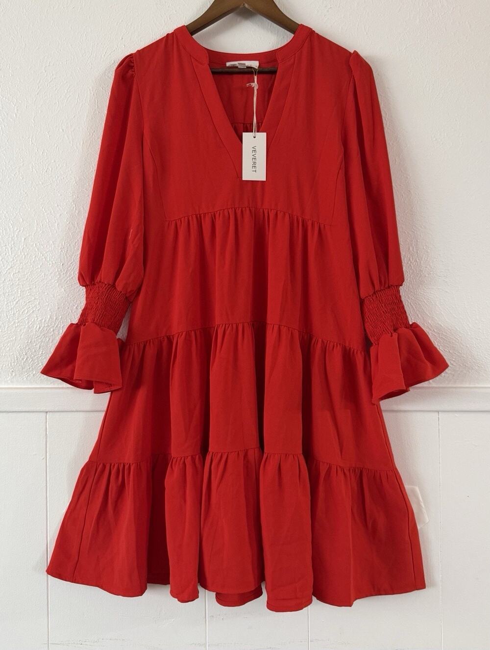 VEVERET Women’s Red Tiered Ruffle Mini Dress Size M Long Sleeve NWT